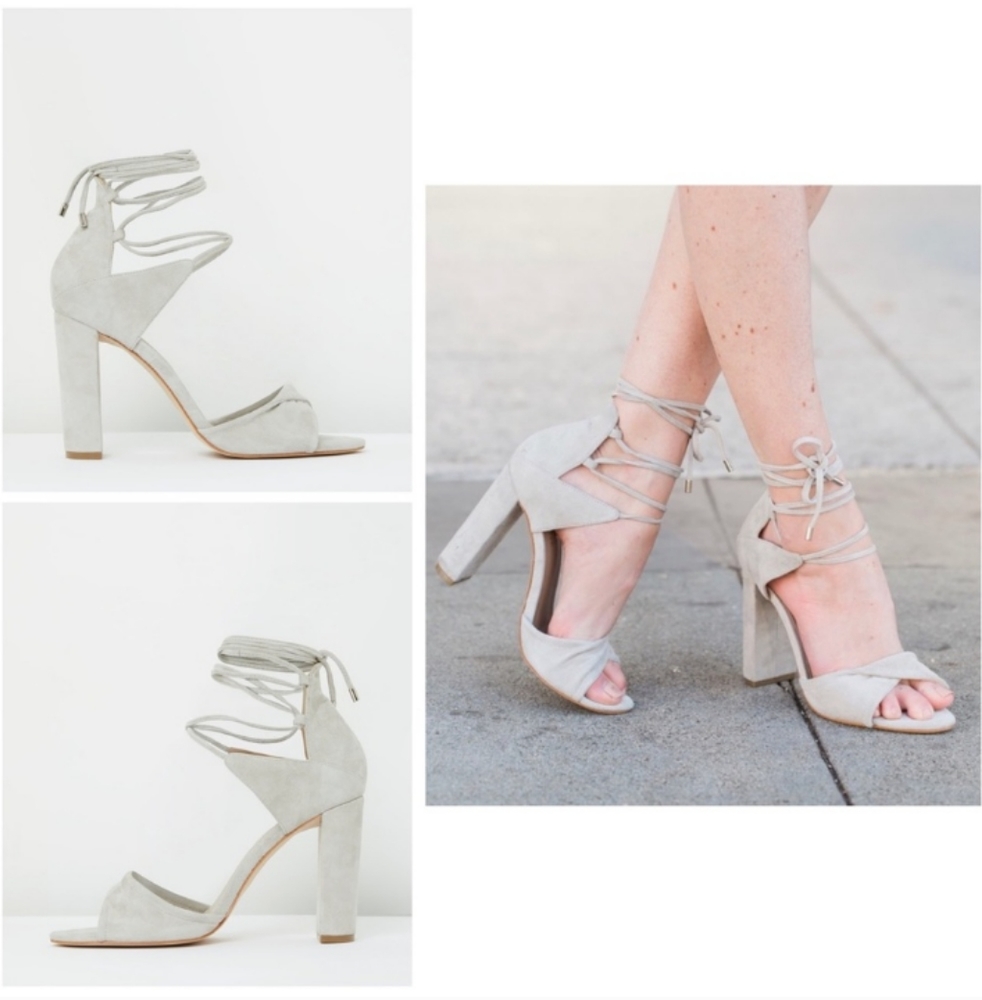 NIB Gray Suede Ankle Lace Up Strappy The Mode Collective Origami Sandal Heel